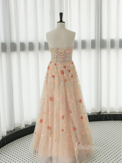 Stunning Beaded Lace Floral Prom Dresses Long Puffed Sleeve Formal Dress AD1077-prom dresses 2025 -Viniodress-Pink-Custom Size-