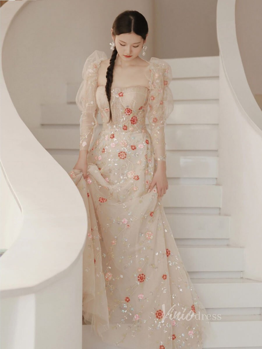 Stunning Beaded Lace Floral Prom Dresses Long Puffed Sleeve Formal Dress AD1077-prom dresses 2025 -Viniodress-Pink-Custom Size-