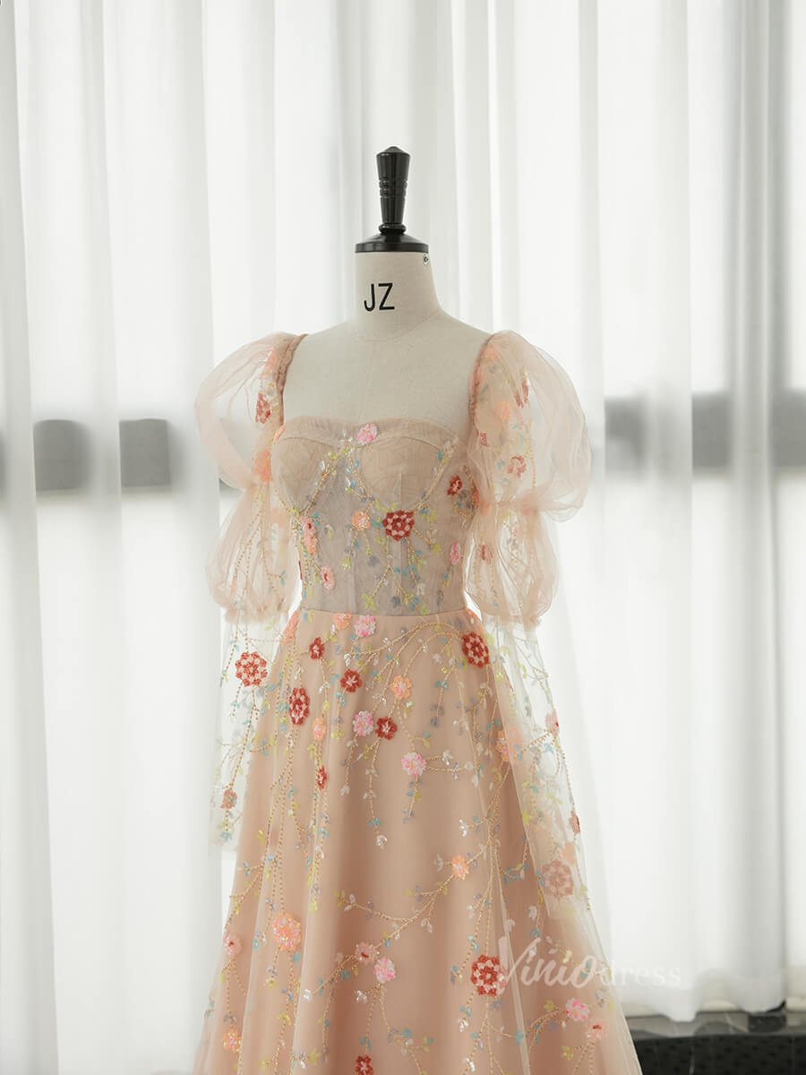 Stunning Beaded Lace Floral Prom Dresses Long Puffed Sleeve Formal Dress AD1077-prom dresses 2025 -Viniodress-Pink-Custom Size-