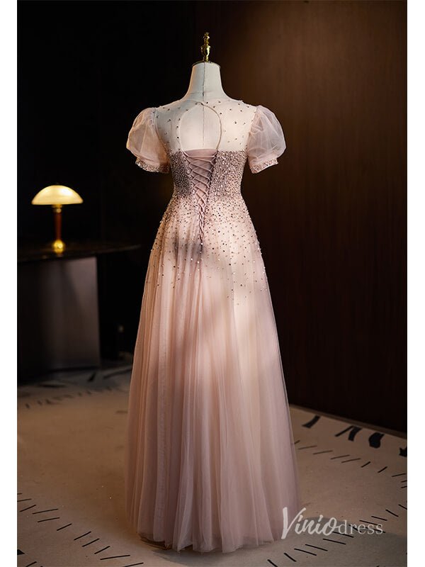 Stunning Beaded Sequin Prom Dresses Puffed Sleeve Formal Dress AD1120-prom dresses 2025 -Viniodress-Pink-Custom Size-