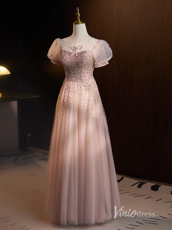Stunning Beaded Sequin Prom Dresses Puffed Sleeve Formal Dress AD1120-prom dresses 2025 -Viniodress-Pink-Custom Size-