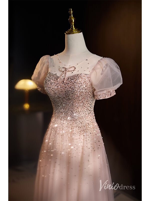 Stunning Beaded Sequin Prom Dresses Puffed Sleeve Formal Dress AD1120-prom dresses 2025 -Viniodress-Pink-Custom Size-
