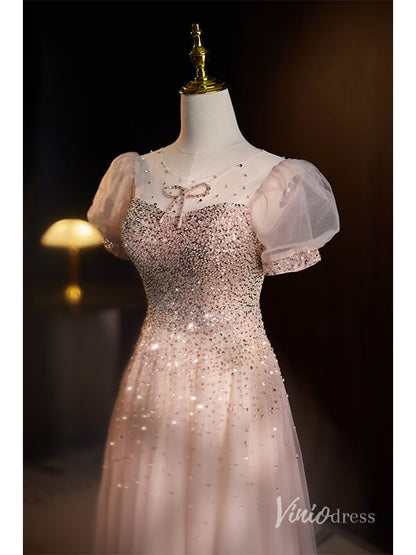 Stunning Beaded Sequin Prom Dresses Puffed Sleeve Formal Dress AD1120-prom dresses 2025 -Viniodress-Pink-Custom Size-