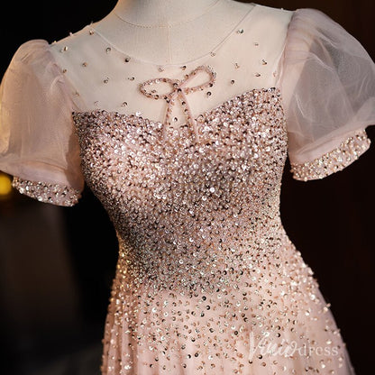 Stunning Beaded Sequin Prom Dresses Puffed Sleeve Formal Dress AD1120-prom dresses 2025 -Viniodress-Pink-Custom Size-