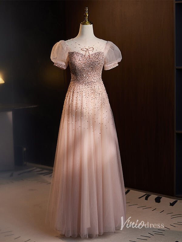 Stunning Beaded Sequin Prom Dresses Puffed Sleeve Formal Dress AD1120-prom dresses 2025 -Viniodress-Pink-Custom Size-
