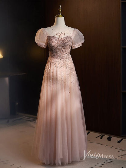 Stunning Beaded Sequin Prom Dresses Puffed Sleeve Formal Dress AD1120-prom dresses 2025 -Viniodress-Pink-Custom Size-