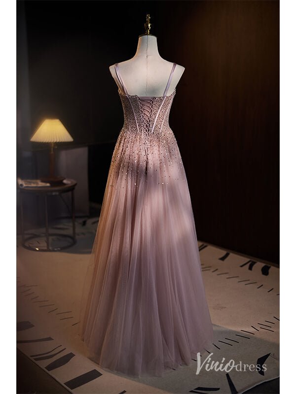 Stunning Beaded Tulle Prom Dresses Spaghetti Strap Evening Dress AD1118-prom dresses 2025 -Viniodress-Mauve-Custom Size-
