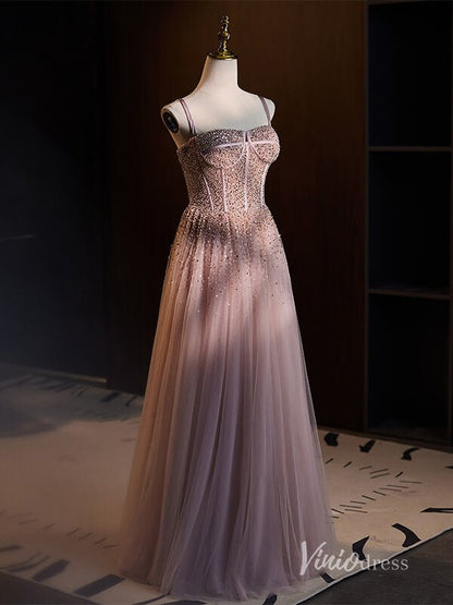 Stunning Beaded Tulle Prom Dresses Spaghetti Strap Evening Dress AD1118-prom dresses 2025 -Viniodress-Mauve-Custom Size-