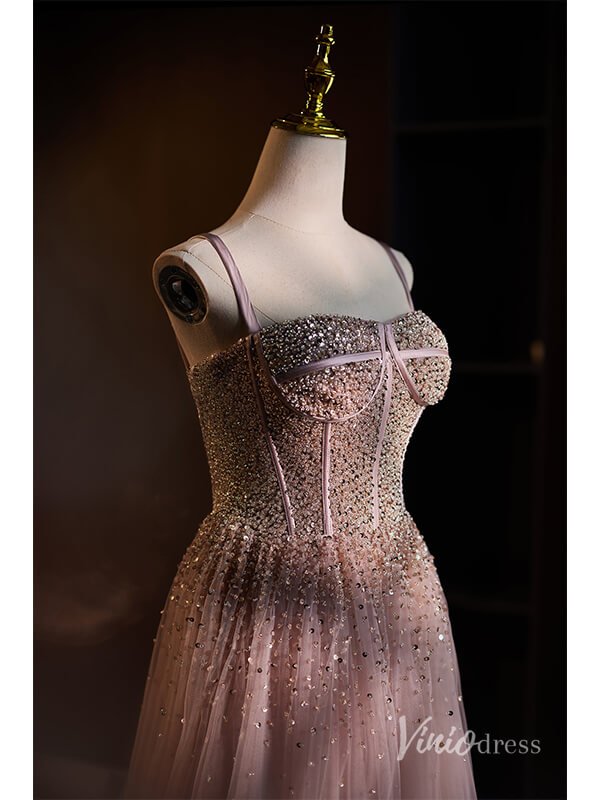 Stunning Beaded Tulle Prom Dresses Spaghetti Strap Evening Dress AD1118-prom dresses 2025 -Viniodress-Mauve-Custom Size-