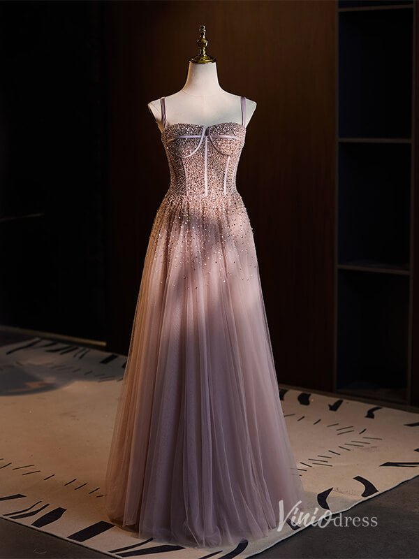 Stunning Beaded Tulle Prom Dresses Spaghetti Strap Evening Dress AD1118-prom dresses 2025 -Viniodress-Mauve-Custom Size-