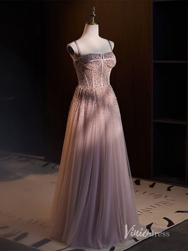 Stunning Beaded Tulle Prom Dresses Spaghetti Strap Evening Dress AD1118-prom dresses 2025 -Viniodress-Mauve-Custom Size-