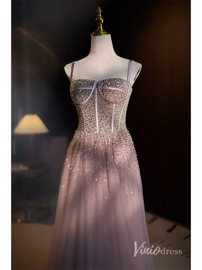 Stunning Beaded Tulle Prom Dresses Spaghetti Strap Evening Dress AD1118-prom dresses 2025 -Viniodress-Mauve-Custom Size-