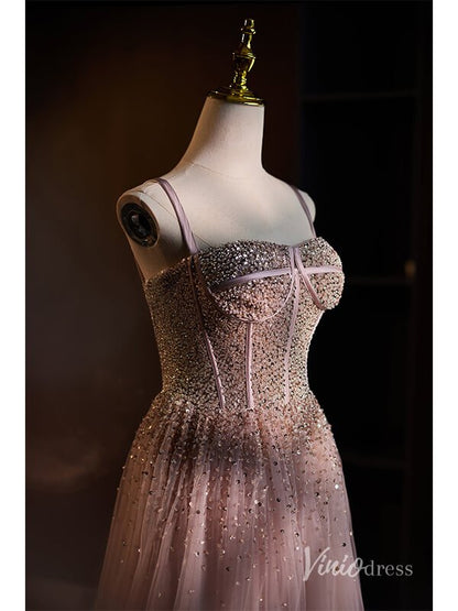 Stunning Beaded Tulle Prom Dresses Spaghetti Strap Evening Dress AD1118-prom dresses 2025 -Viniodress-Mauve-Custom Size-