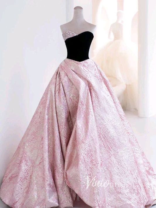 Stunning Jacquard Satin Prom Dresses Strapless Sweetheart Neck Formal Gown FD3441-prom dresses 2025 -Viniodress-Pink-Custom Size-