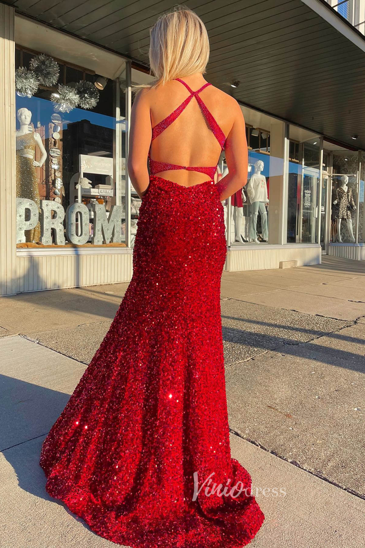 Stunning Mermaid Sequin Prom Dress with Plunging V-Neck and High Slit FD3489-prom dresses 2025 -Viniodress-Red-Custom Size-