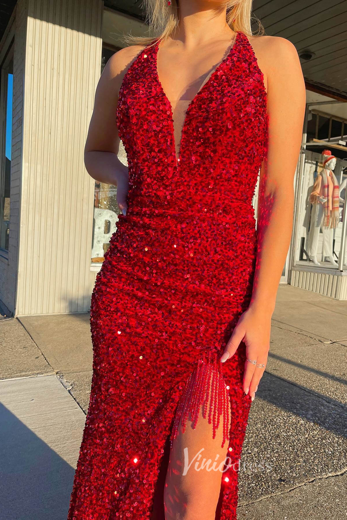 Stunning Mermaid Sequin Prom Dress with Plunging V-Neck and High Slit FD3489-prom dresses 2025 -Viniodress-Red-Custom Size-