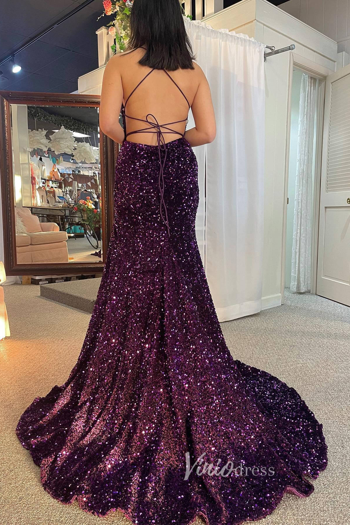 Stunning Purple Mermaid Sequin Prom Dress with Slit and Spaghetti Strap FD3499-prom dresses 2025 -Viniodress-Purple-Custom Size-