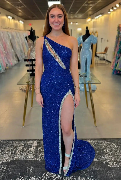 Stunning Sequin Mermaid Prom Dresses 2025 with Slit & One Shoulder – FD5060-prom dresses 2025 -Viniodress-Blue-Custom Size-