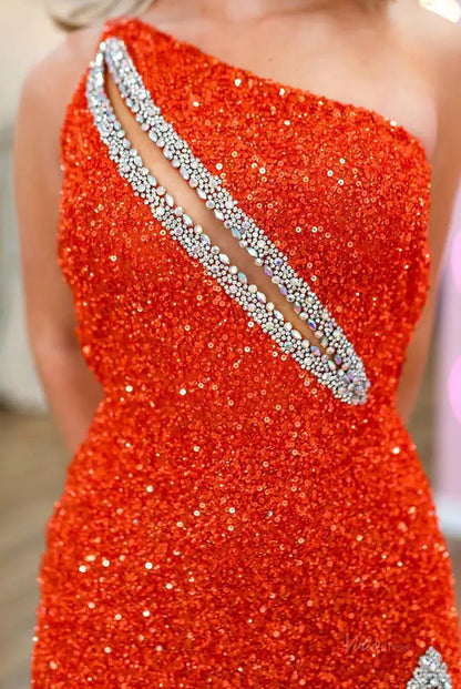 Stunning Sequin Mermaid Prom Dresses 2025 with Slit & One Shoulder – FD5060-prom dresses 2025 -Viniodress-Orange-Custom Size-