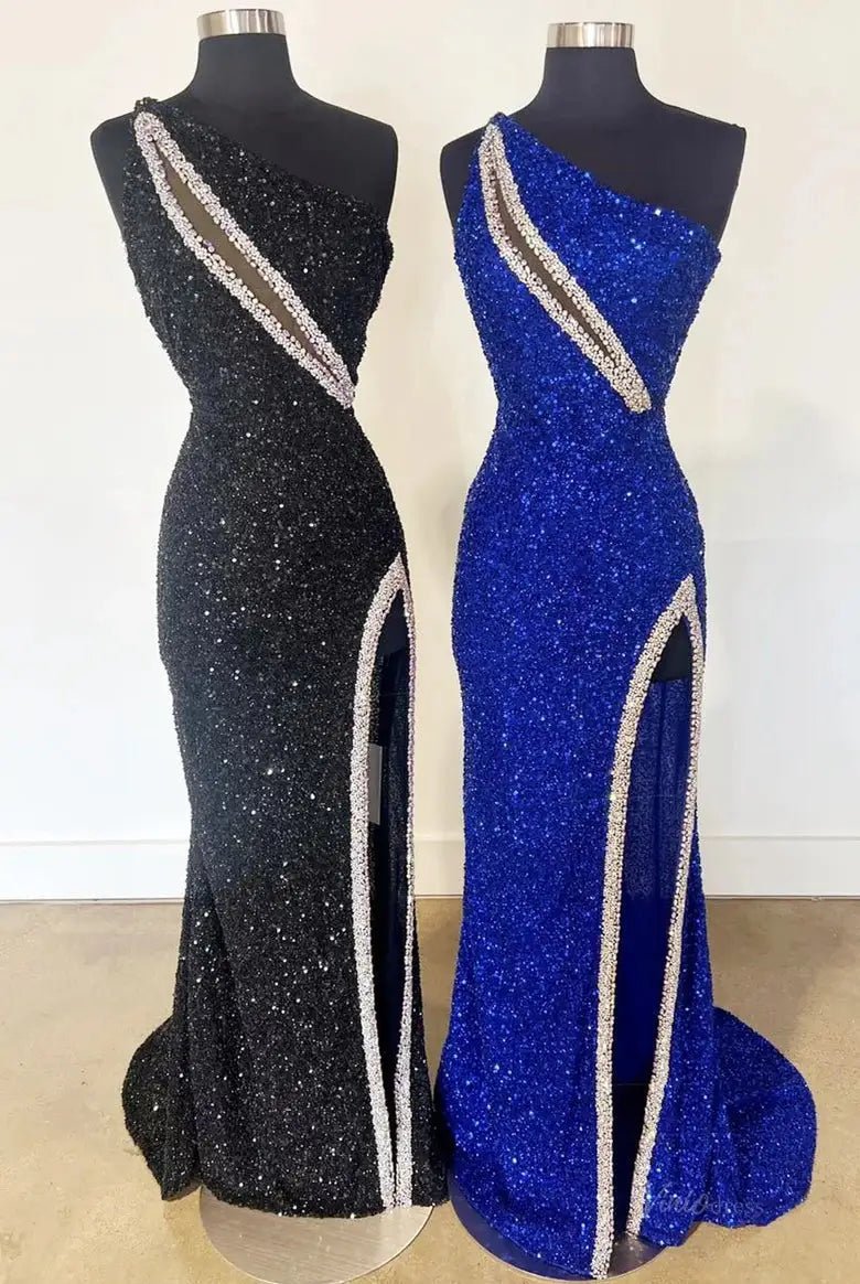 Stunning Sequin Mermaid Prom Dresses 2025 with Slit & One Shoulder – FD5060-prom dresses 2025 -Viniodress-Black-Custom Size-
