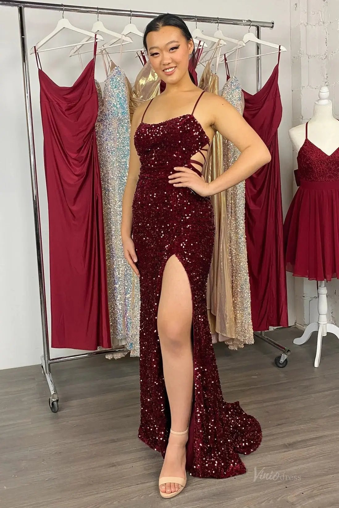 Stunning Sequin Mermaid Prom Dresses 2025 with Slit & Spaghetti Strap – FD5064-prom dresses 2025 -Viniodress-Burgundy-Custom Size-
