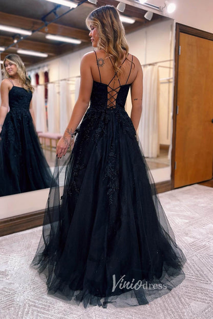 Stunning Sparkly Tulle Prom Dress with Lace Applique and Spaghetti Strap FD3465-prom dresses 2025 -Viniodress-Bluack-Custom Size-