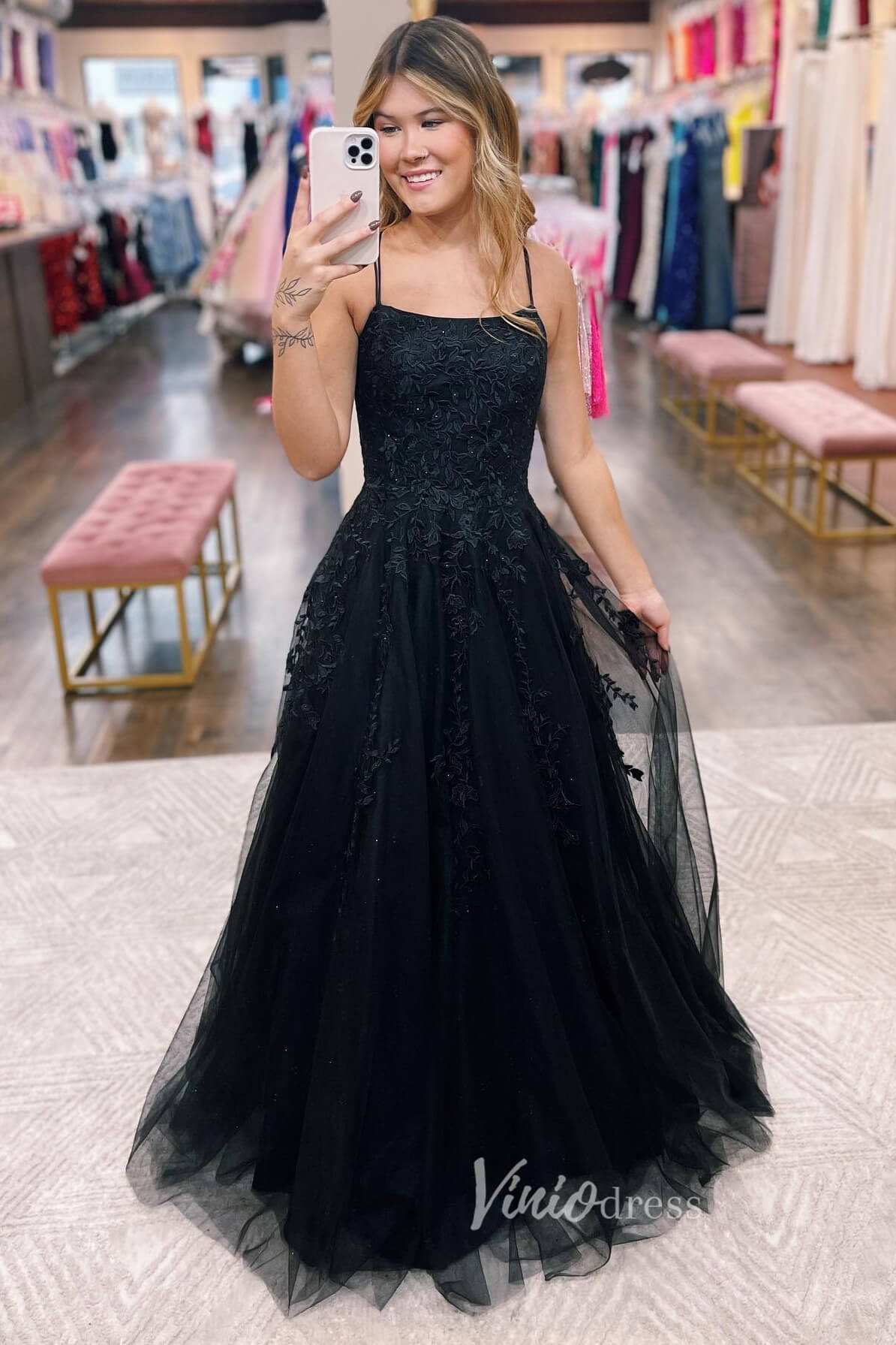 Stunning Sparkly Tulle Prom Dress with Lace Applique and Spaghetti Strap FD3465-prom dresses 2025 -Viniodress-Bluack-Custom Size-