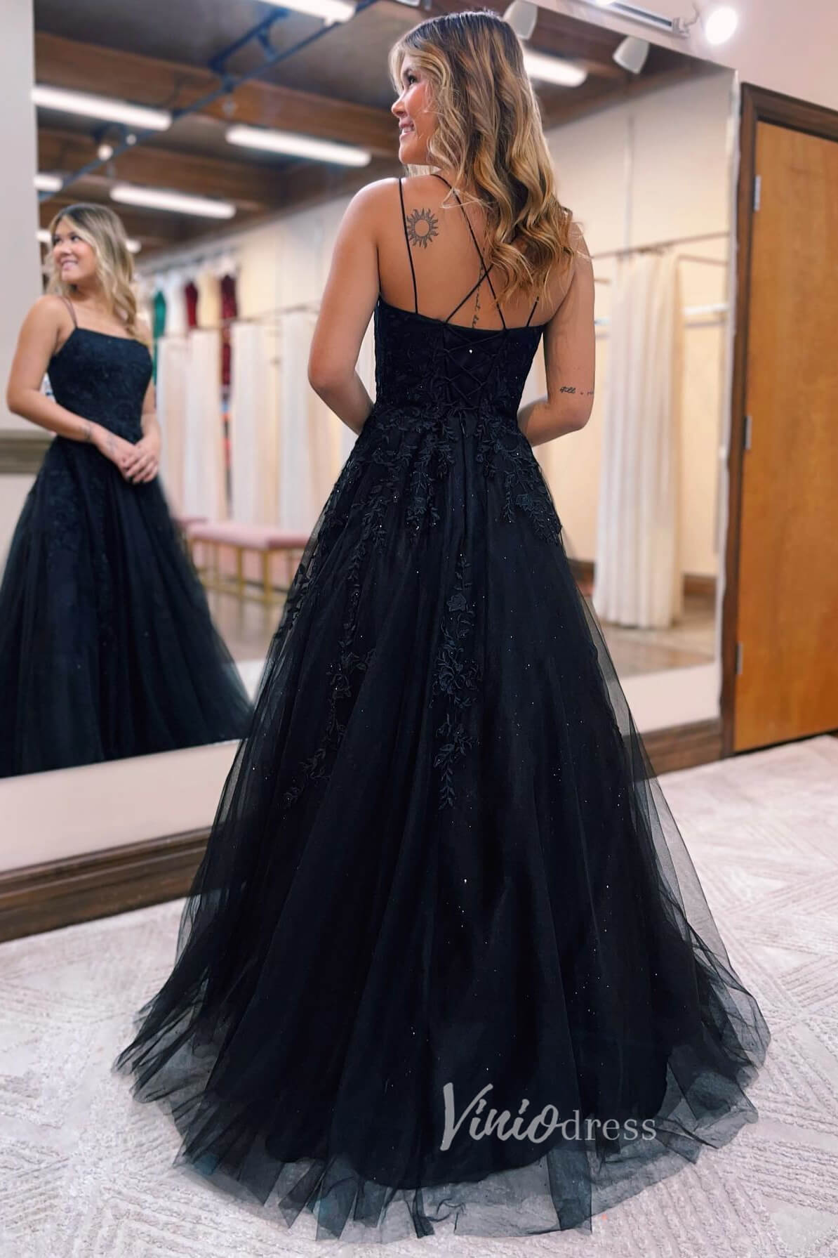 Stunning Sparkly Tulle Prom Dress with Lace Applique and Spaghetti Strap FD3465-prom dresses 2025 -Viniodress-Bluack-Custom Size-