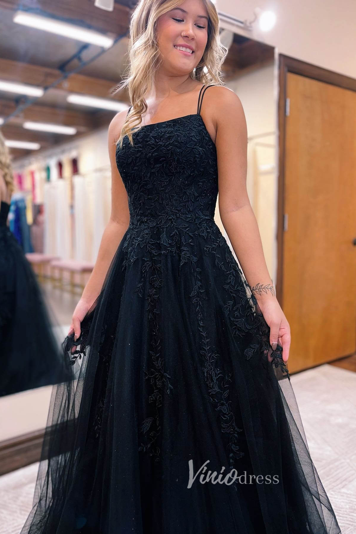 Stunning Sparkly Tulle Prom Dress with Lace Applique and Spaghetti Strap FD3465-prom dresses 2025 -Viniodress-Bluack-Custom Size-