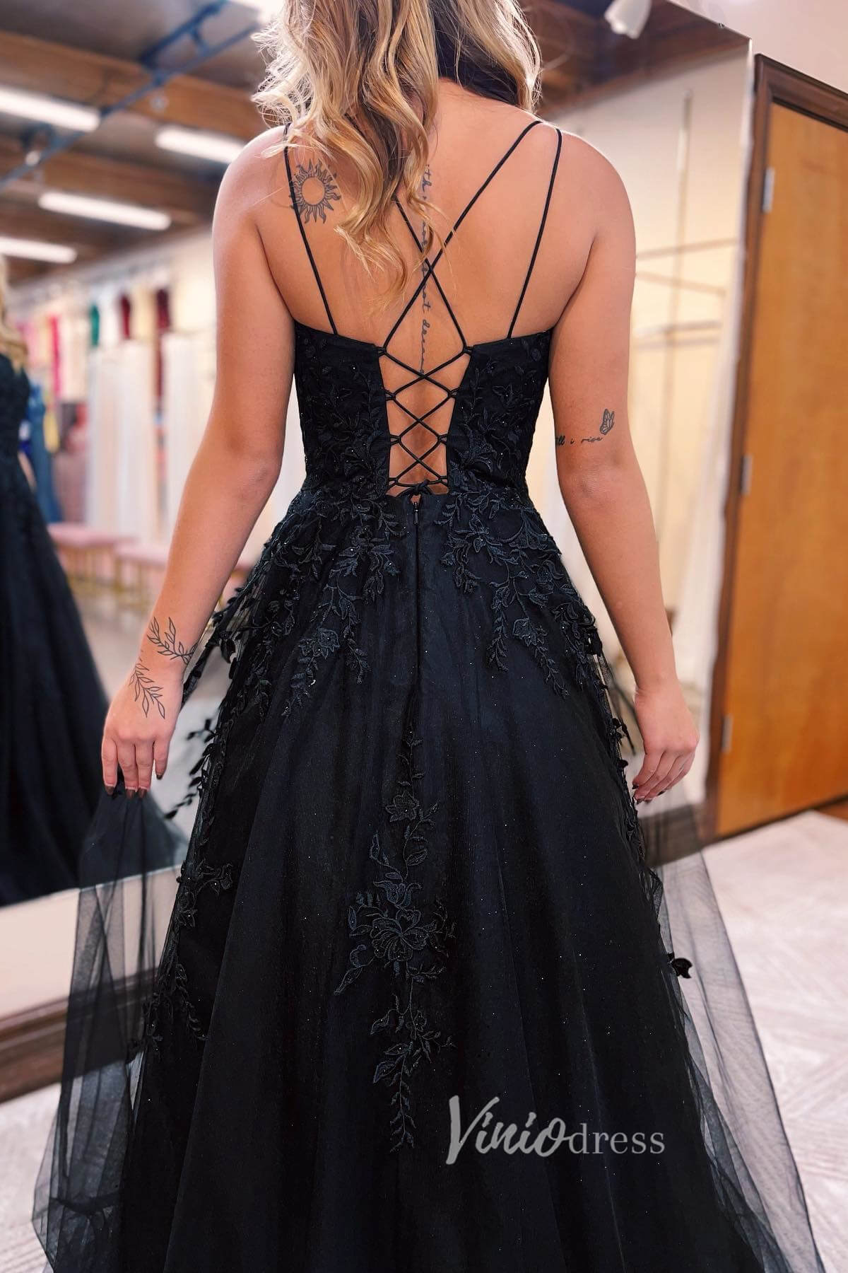 Stunning Sparkly Tulle Prom Dress with Lace Applique and Spaghetti Strap FD3465-prom dresses 2025 -Viniodress-Bluack-Custom Size-
