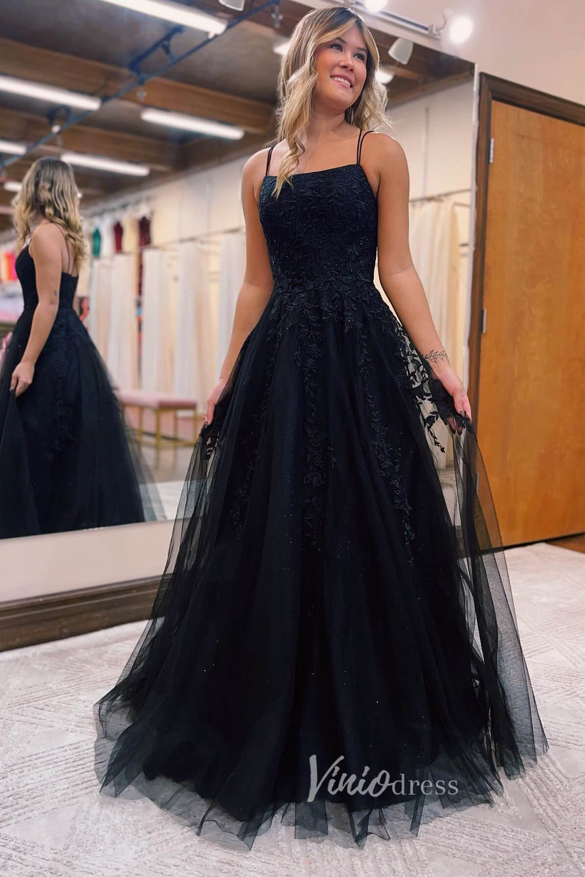 Stunning Sparkly Tulle Prom Dress with Lace Applique and Spaghetti Strap FD3465-prom dresses 2025 -Viniodress-Bluack-Custom Size-