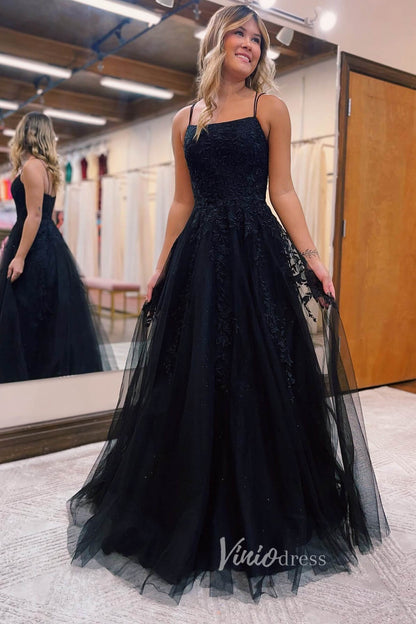 Stunning Sparkly Tulle Prom Dress with Lace Applique and Spaghetti Strap FD3465-prom dresses 2025 -Viniodress-Bluack-Custom Size-