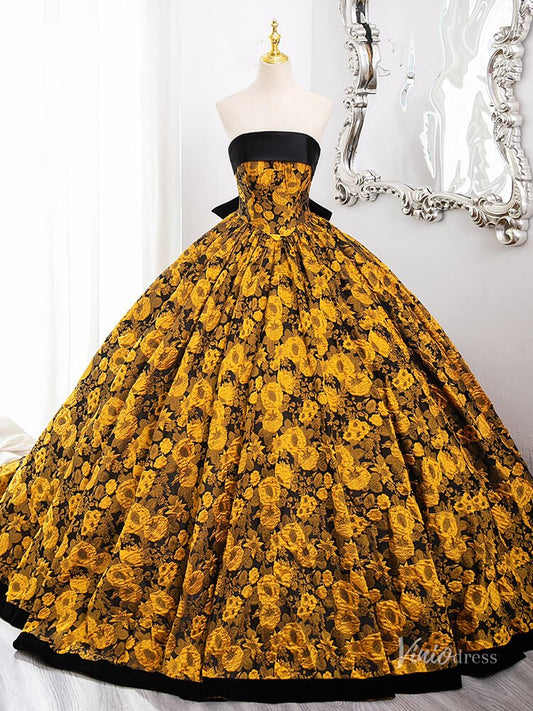 Stunning Yellow Floral Blossom Prom Ball Gown Strapless Bow Tie Quinceanera Dresses BG010-prom dresses 2025 -Viniodress-Yellow-Custom Size-