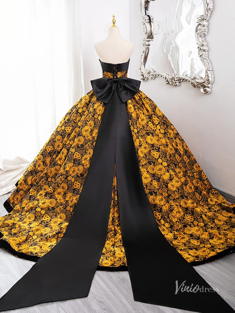 Stunning Yellow Floral Blossom Prom Ball Gown Strapless Bow Tie Quinceanera Dresses BG010-prom dresses 2025 -Viniodress-Yellow-Custom Size-