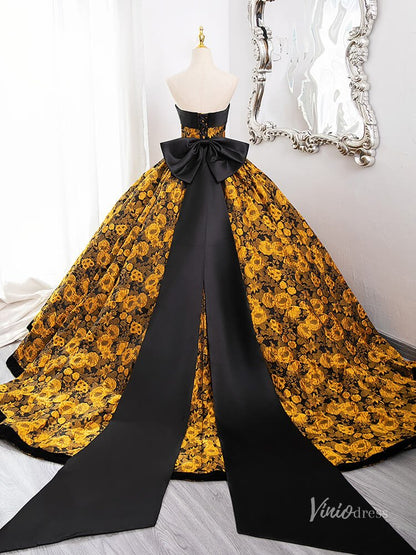 Stunning Yellow Floral Blossom Prom Ball Gown Strapless Bow Tie Quinceanera Dresses BG010-prom dresses 2025 -Viniodress-Yellow-Custom Size-