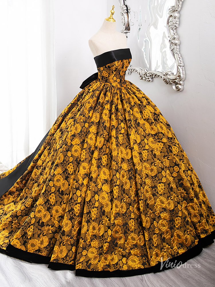 Stunning Yellow Floral Blossom Prom Ball Gown Strapless Bow Tie Quinceanera Dresses BG010-prom dresses 2025 -Viniodress-Yellow-Custom Size-
