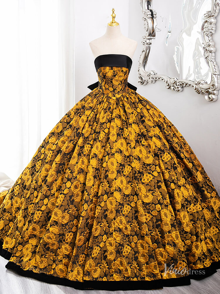 Prom Dress 2025 Stunning Yellow Floral Blossom Prom Ball Gown Strapless Bow Tie Quinceanera Dresses BG010-unique prom dresses-Yellow-Custom Size-Viniodress