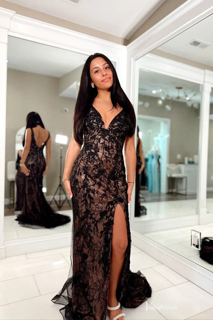 Sultry Black Lace Prom Dress with Plunging V Neck, Open Back and High Slit – LP059-prom dresses 2026-Viniodress-Black-Custom Size – Add Measurements in Cart-