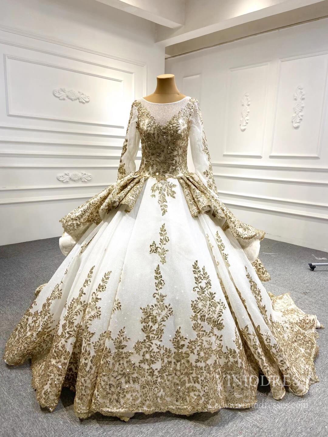 Prom Dress 2025 Sweep Train Gold Lace Ball Gown Wedding Dress 66949 VINIODRESS viniodress-unique Quinceanera Dresses-Ivory-Custom Size-Viniodress