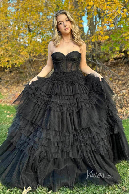 Sweetheart Black Ruffle Prom Dress Tiered Tulle Wedding Dresses FD1153-wedding dresses 2025 -Viniodress-Black-Custom Size-
