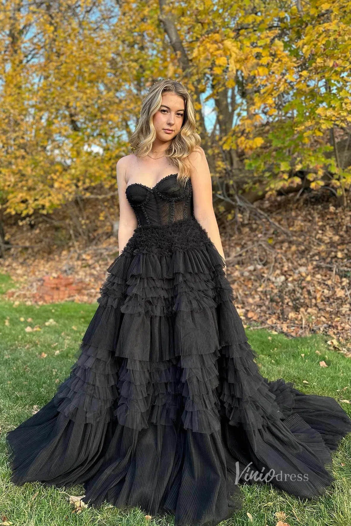 Sweetheart Black Ruffle Prom Dress Tiered Tulle Wedding Dresses FD1153-wedding dresses-Viniodress-Viniodress