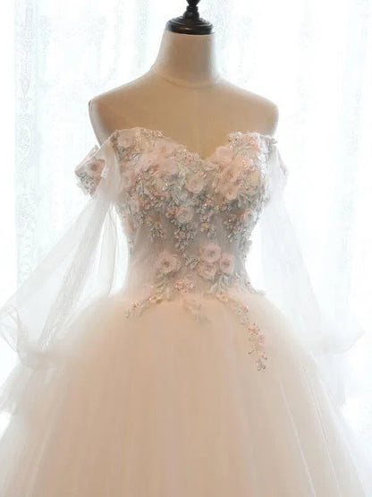 Sweetheart Neck 3D Floral Wedding Dresses with Sleeves VW1159-wedding dresses 2025 -Viniodress-Ivory-Custom Size-