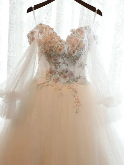 Sweetheart Neck 3D Floral Wedding Dresses with Sleeves VW1159-wedding dresses 2025 -Viniodress-Ivory-Custom Size-