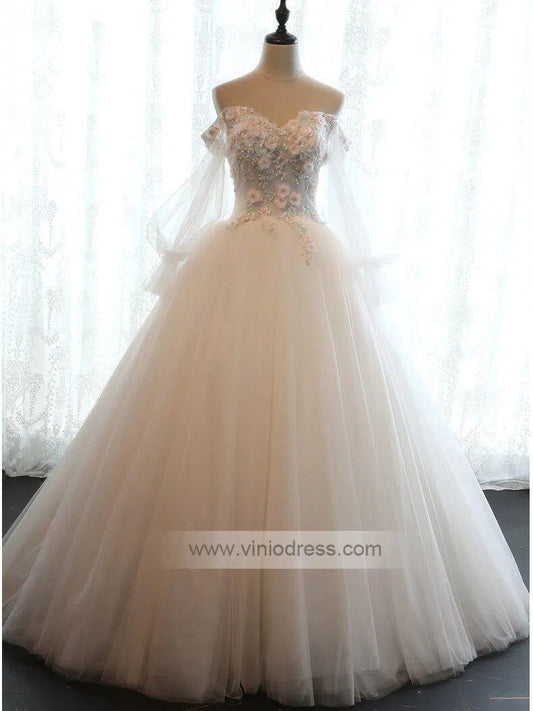 Sweetheart Neck 3D Floral Wedding Dresses with Sleeves VW1159-wedding dresses 2025 -Viniodress-Ivory-Custom Size-