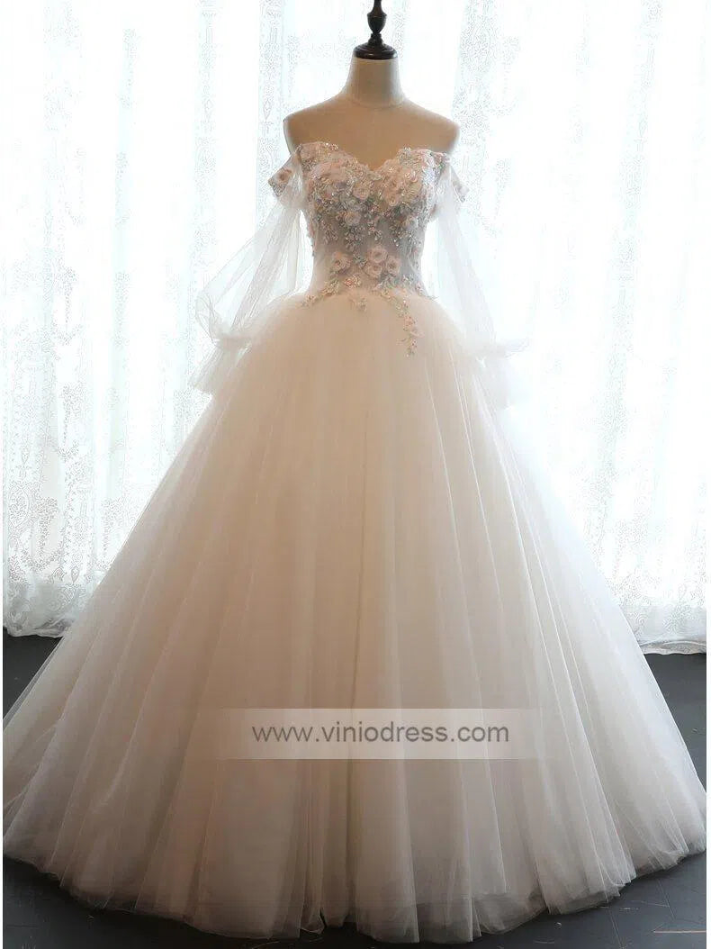 Sweetheart Neck 3D Floral Wedding Dresses with Sleeves VW1159-wedding dresses-Viniodress-Ivory-Custom Size-Viniodress