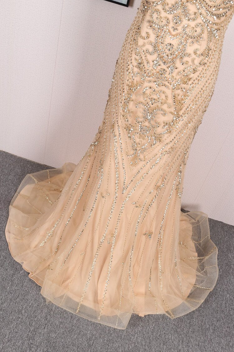 Taupe Beaded Sheath Prom Dresses Short Sleeve Evening Dress FD2476-prom dresses-Viniodress-Viniodress