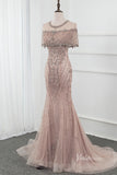 Prom Dress 2025 Taupe Beaded Sheath Prom Dresses Short Sleeve Evening Dress FD2476-unique prom dresses-Taupe-US 2-Viniodress