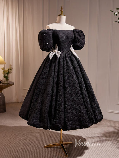 Tea Length Black Prom Dresses Vintage Puff Sleeve Jacquard Cocktail Dress BJ003-prom dresses 2025 -Viniodress-Black-Custom Size-