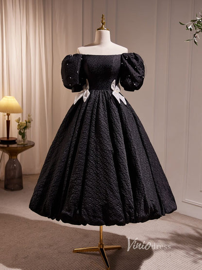 Tea Length Black Prom Dresses Vintage Puff Sleeve Jacquard Cocktail Dress BJ003-prom dresses 2025 -Viniodress-Black-Custom Size-
