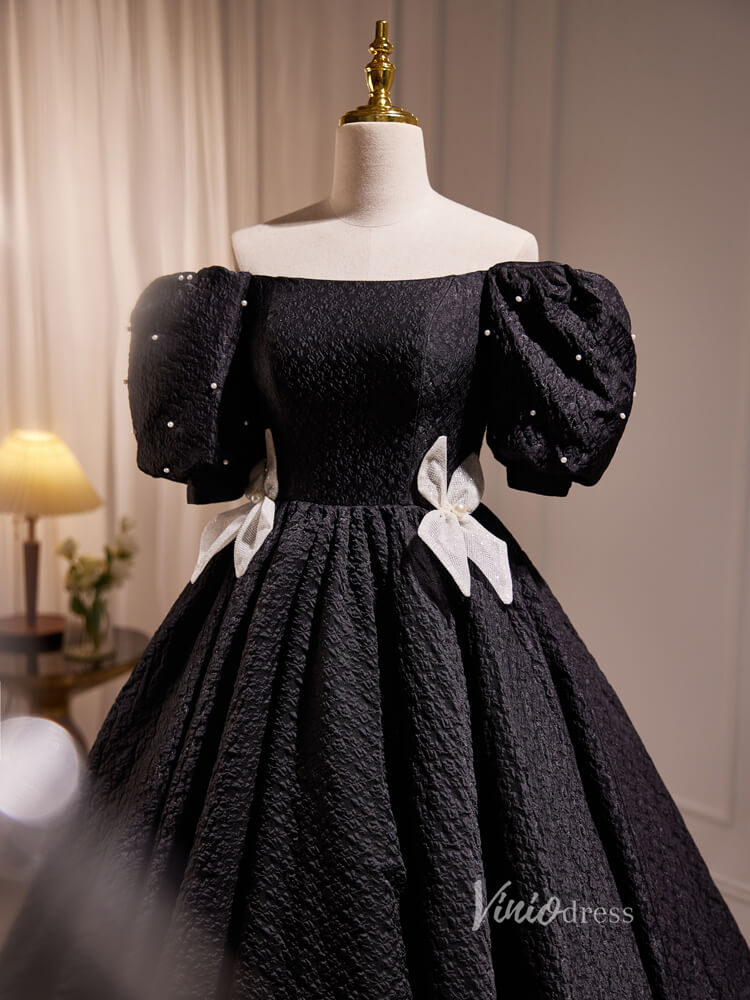 Tea Length Black Prom Dresses Vintage Puff Sleeve Jacquard Cocktail Dress BJ003 - Viniodressprom dressesBlackCustom Size - Formal Dresses - Ball Gowns